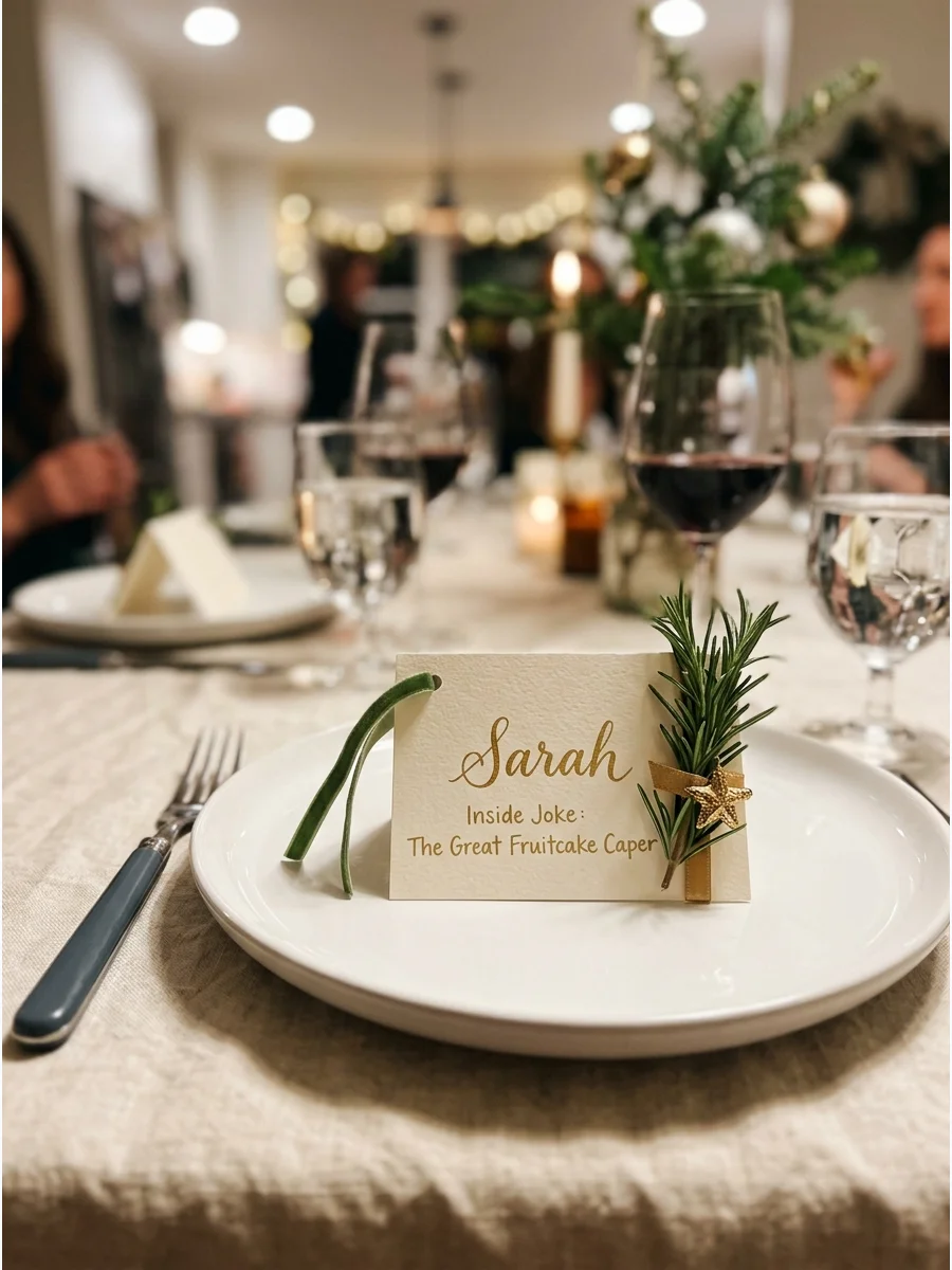 A personalized place card with gold ink and a rosemary sprig on a dinner plate.