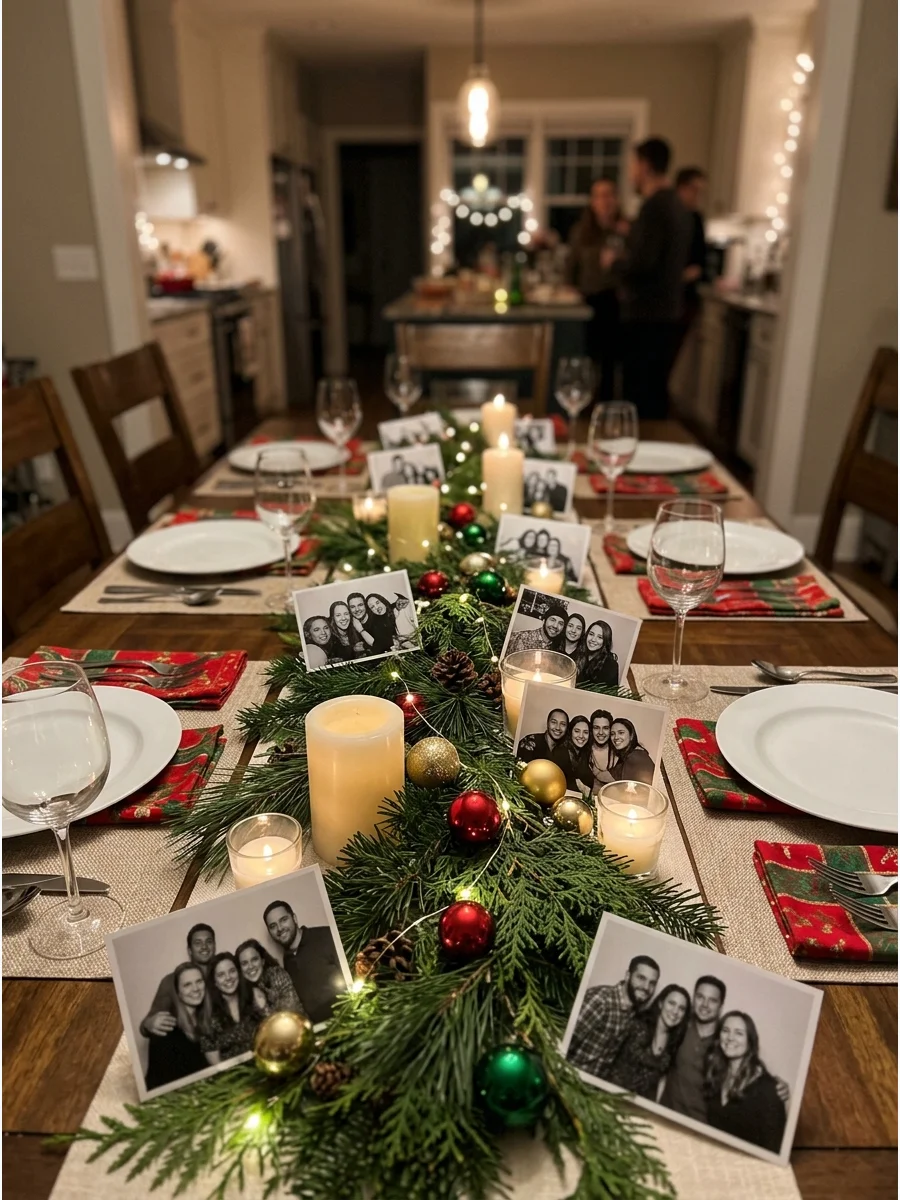 A dining table runner made of evergreen branches and printed friendship photos.