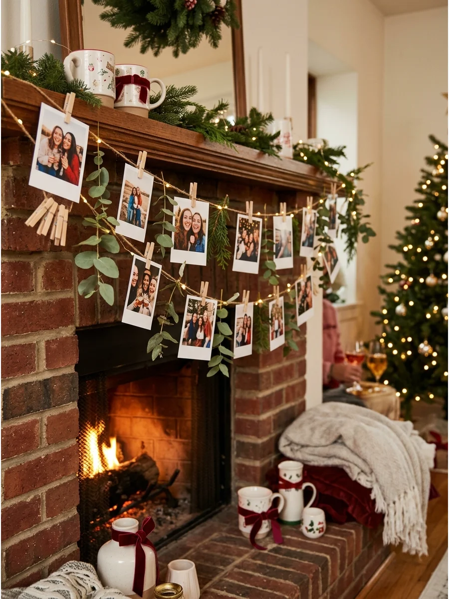A twine garland with clipped photos and greenery hanging over a fireplace.