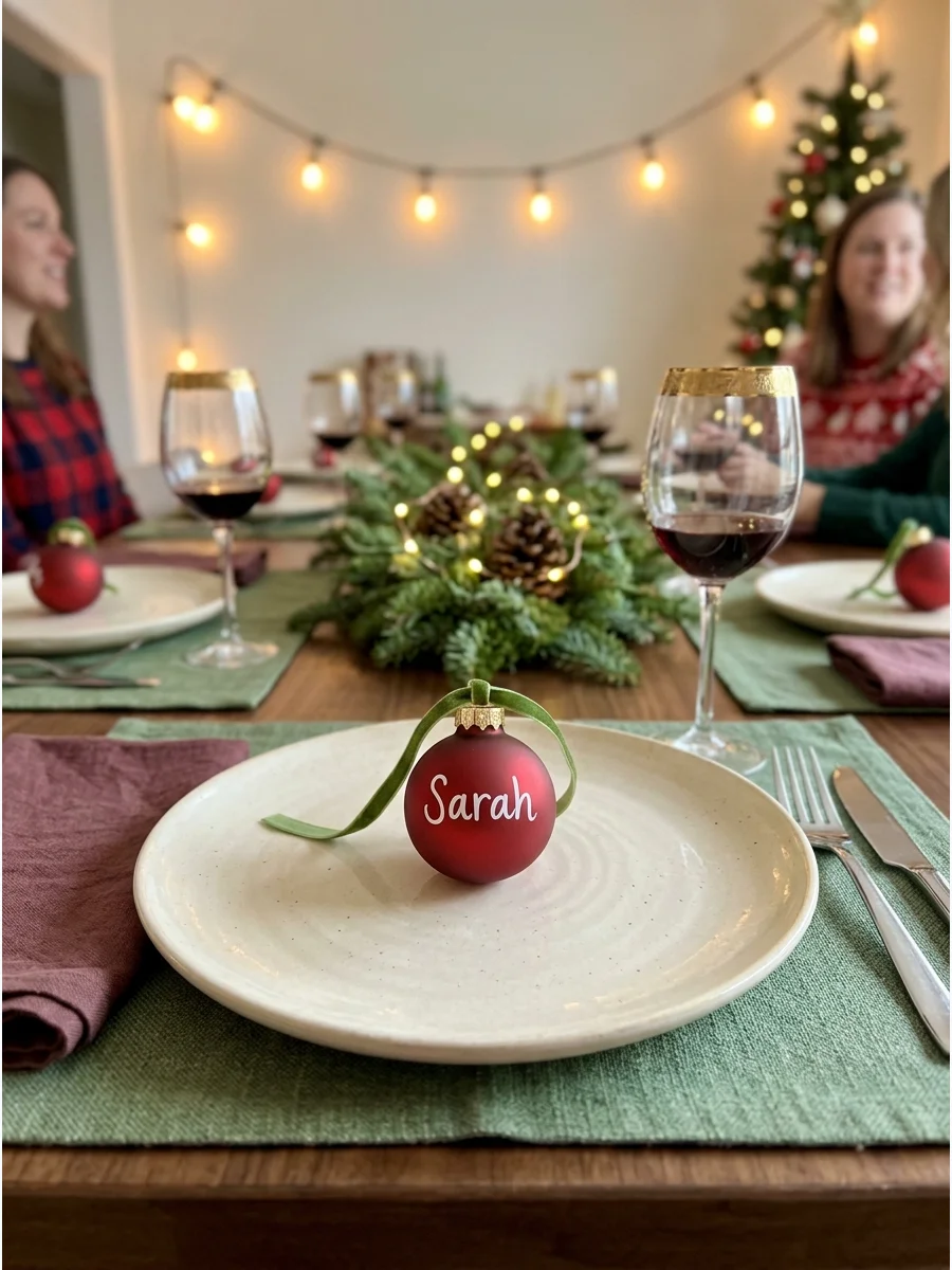 A red ornament used as a place card on a white dinner plate.