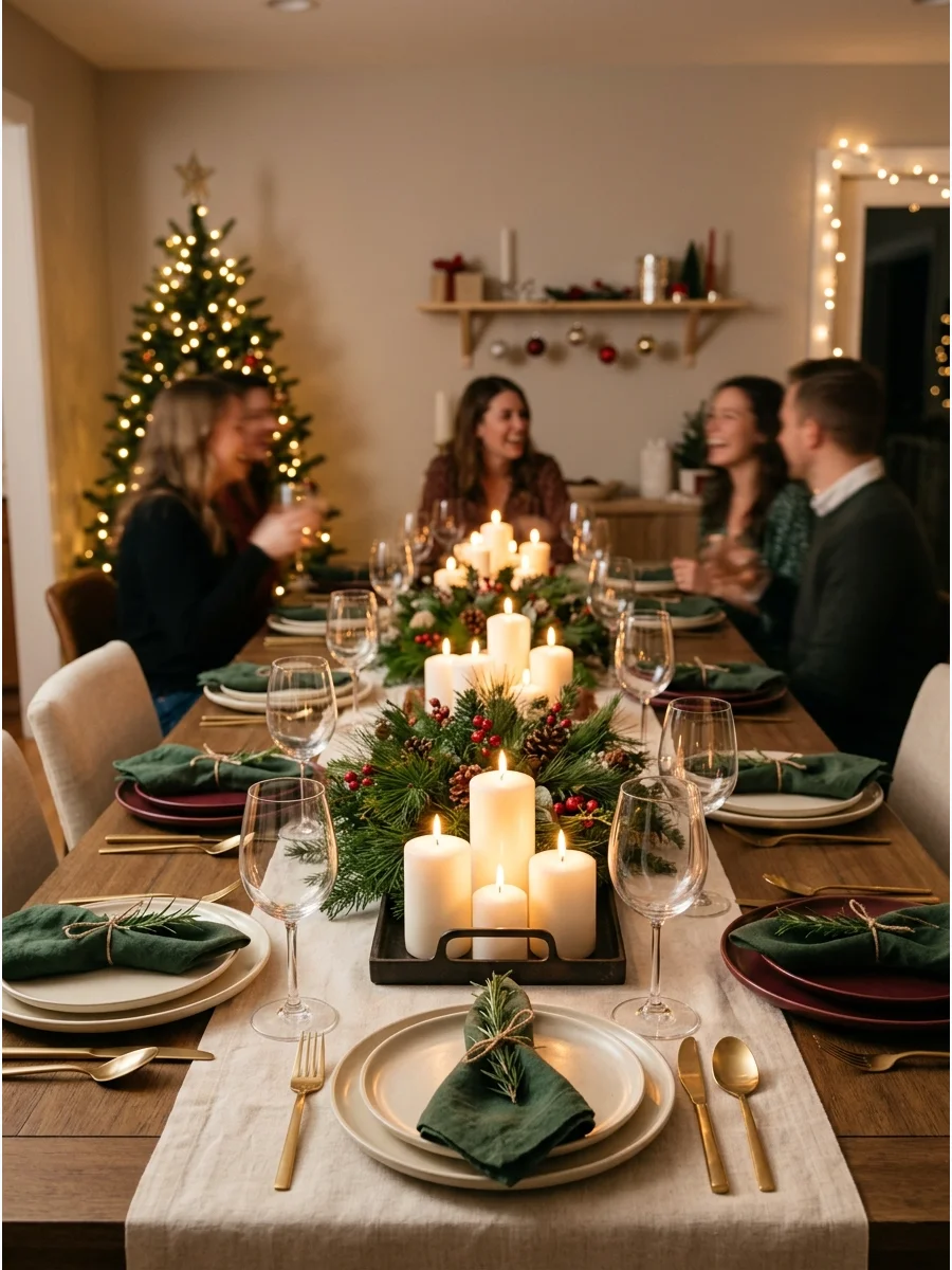 A dining table decorated with many white candles and fresh green pine branches.
