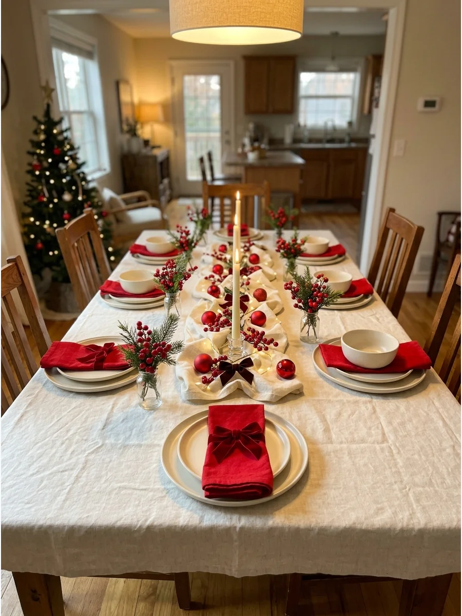 A festive dinner table with cream linens and bright red accents.