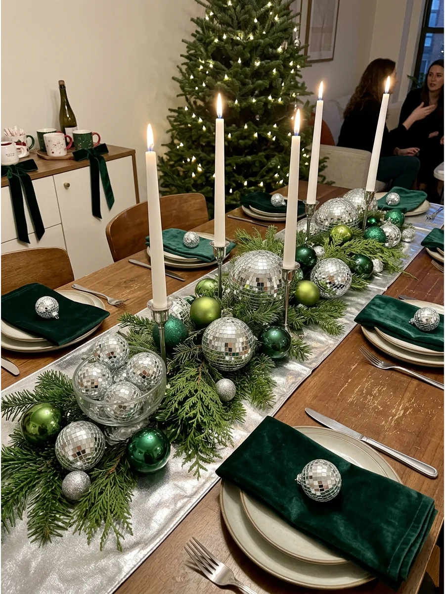 A modern Christmas table centerpiece with disco balls and white candles.