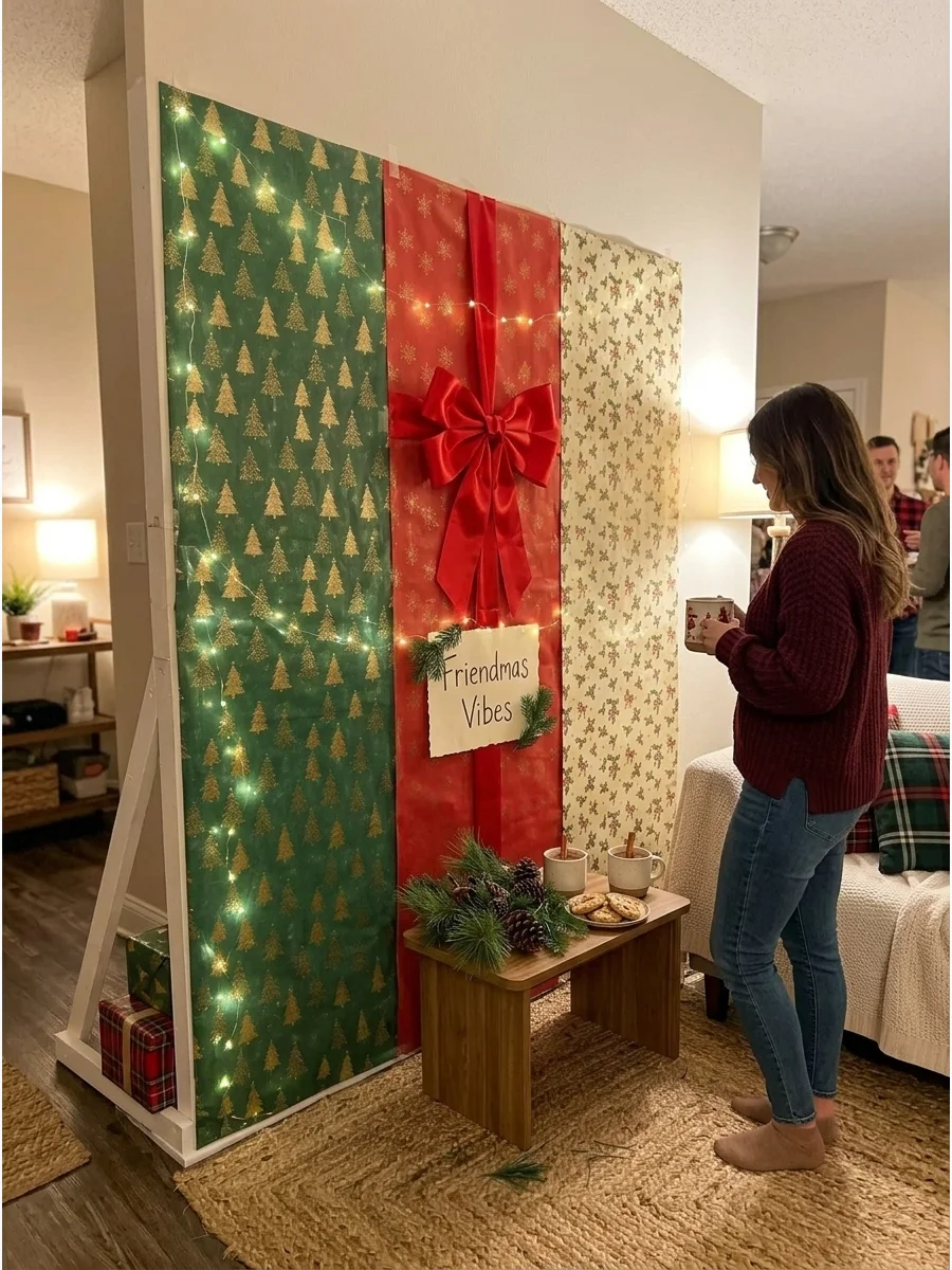 DIY Wrapping Paper Friendmas Backdrop support view 1