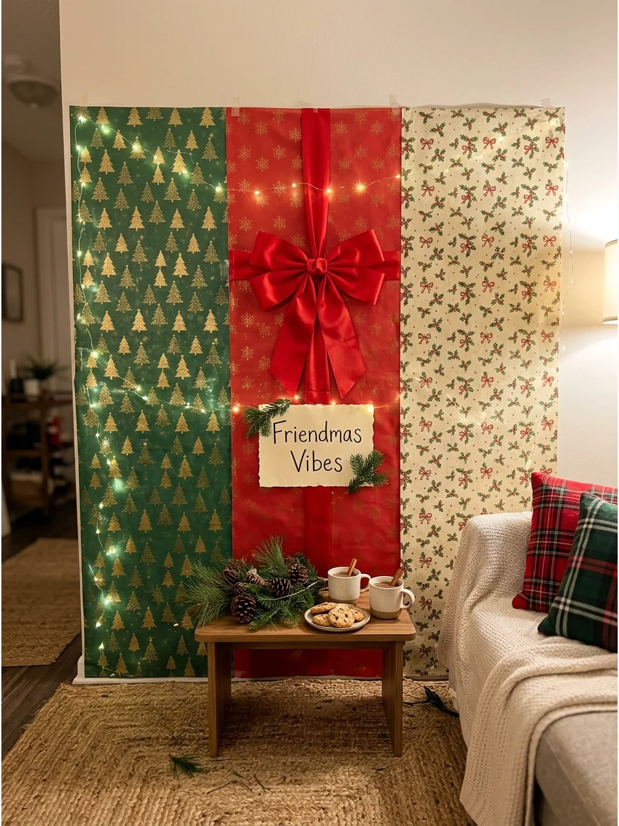 A DIY photo backdrop made from strips of holiday wrapping paper.