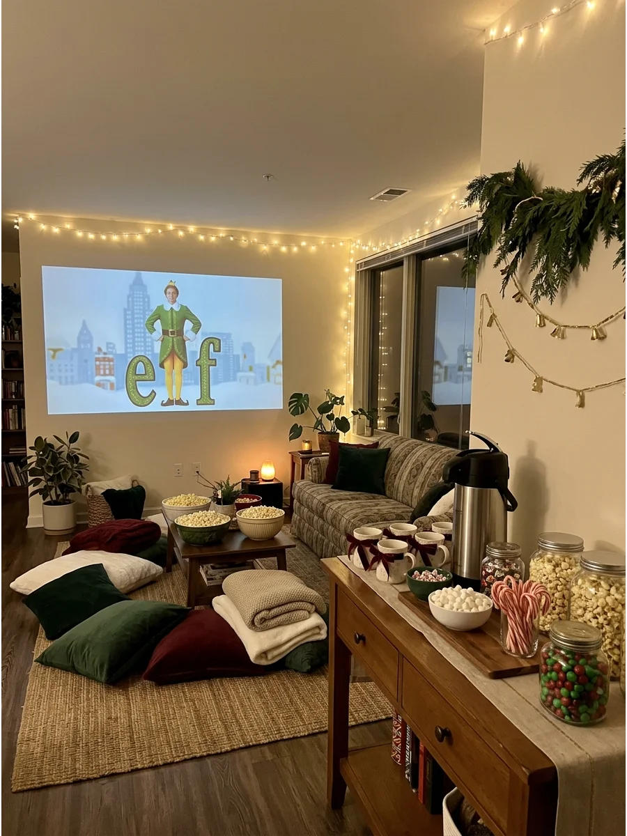 A home movie night setup with a holiday film projected on a white wall.