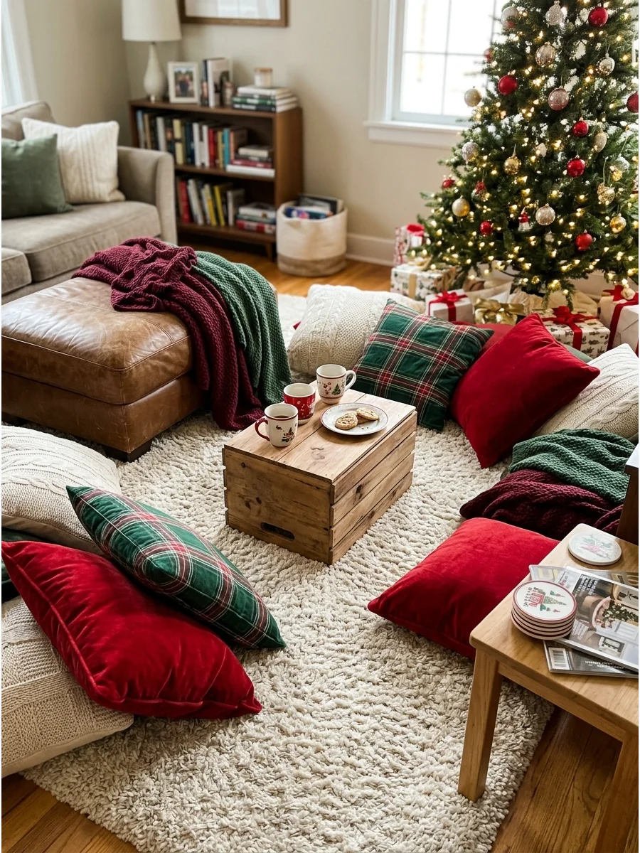 A floor seating area with rugs, pillows, and blankets near a Christmas tree.