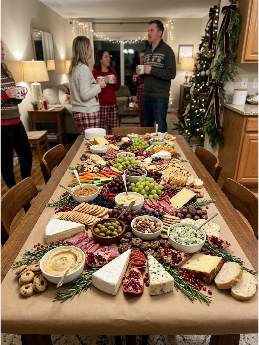 A large wooden table covered in a variety of cheeses, meats, and fruits for a Friendmas party.