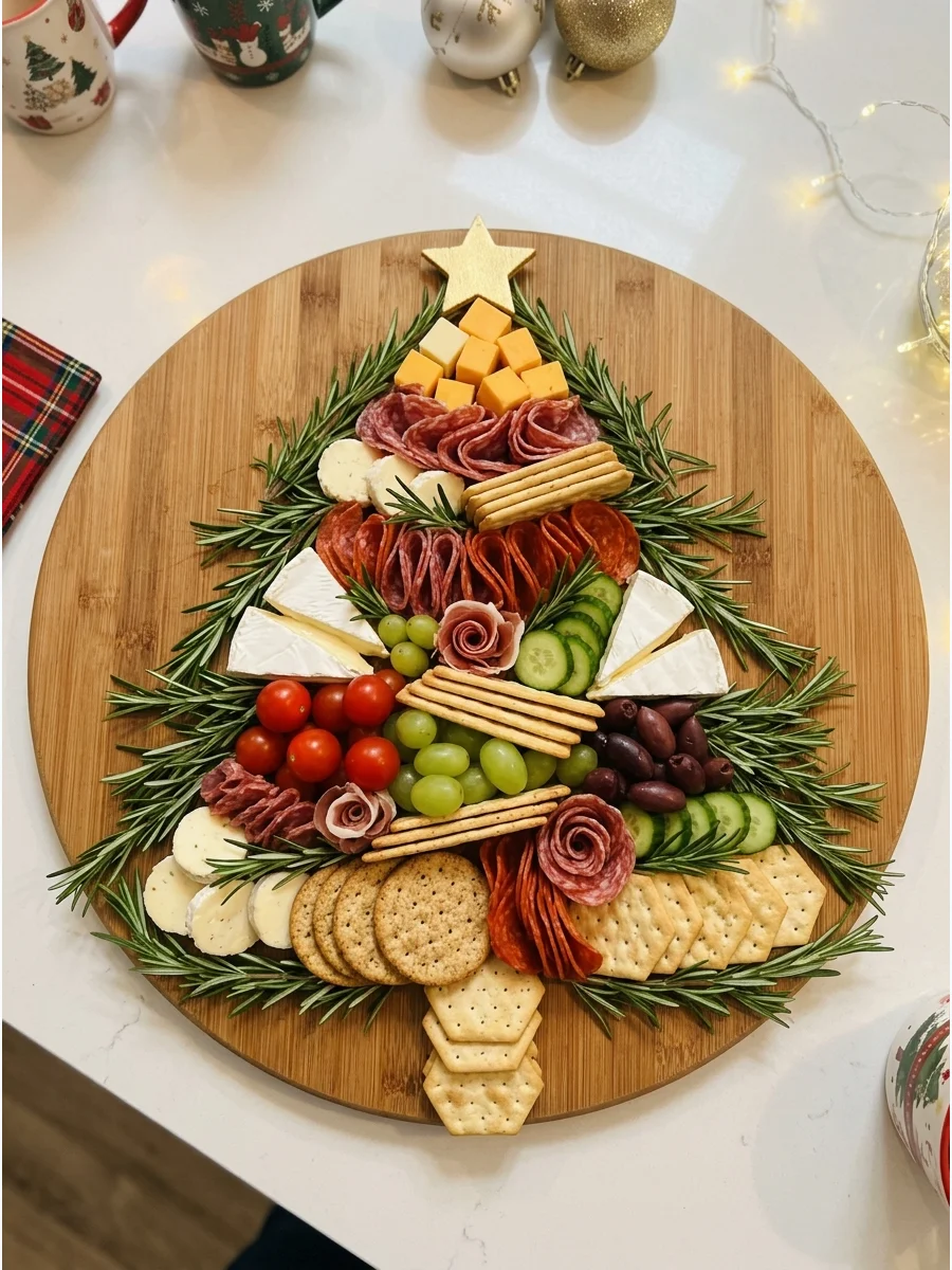 A charcuterie board shaped like a Christmas tree with cheese, meat, and grapes.