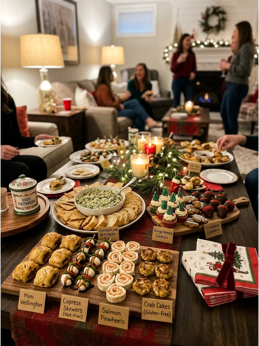 A variety of finger foods and appetizers served on a coffee table for a casual party.