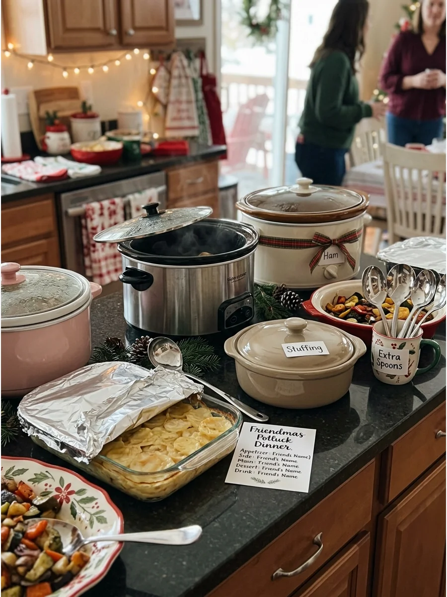 A kitchen counter with many different dishes brought by friends for a potluck dinner.