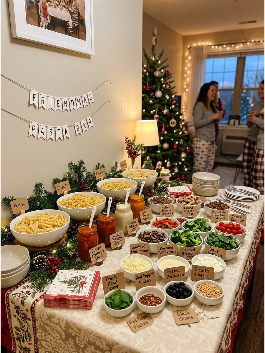 A self-serve pasta bar with different sauces and toppings for a Friendmas gathering.