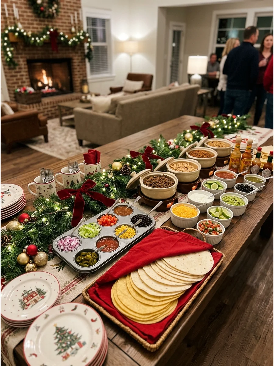 A taco bar setup with meat, shells, and many toppings in a residential clubhouse.