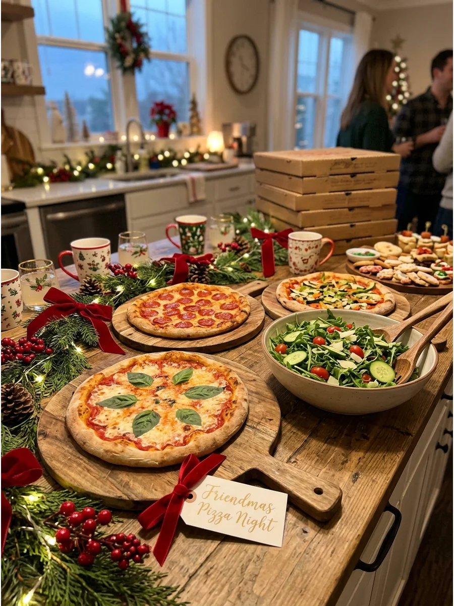 Several pizzas served on wooden boards on a kitchen island for a casual Friendmas.