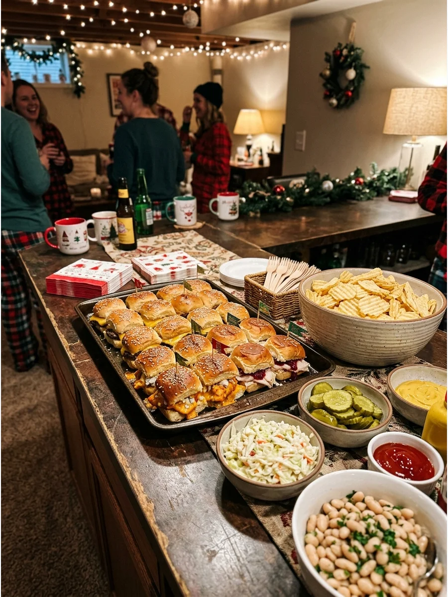 A tray of warm sliders and a bowl of chips served at a basement party.