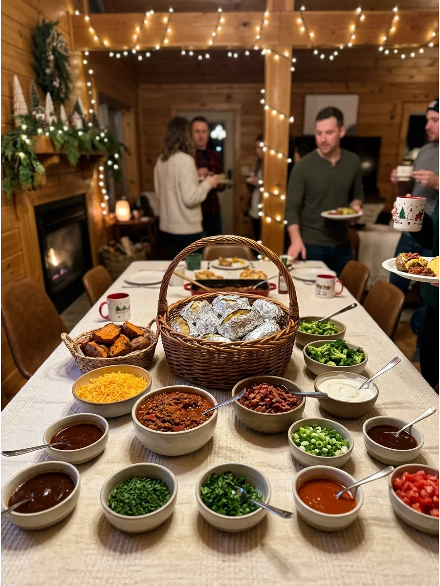 A baked potato bar with various toppings on a wooden table in a winter cabin.