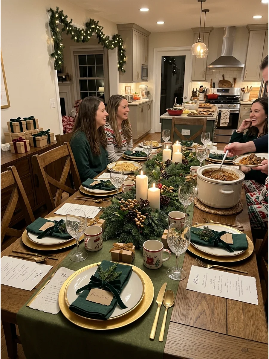 A formal Friendsmas dinner table with evergreen centerpieces and gold place settings.