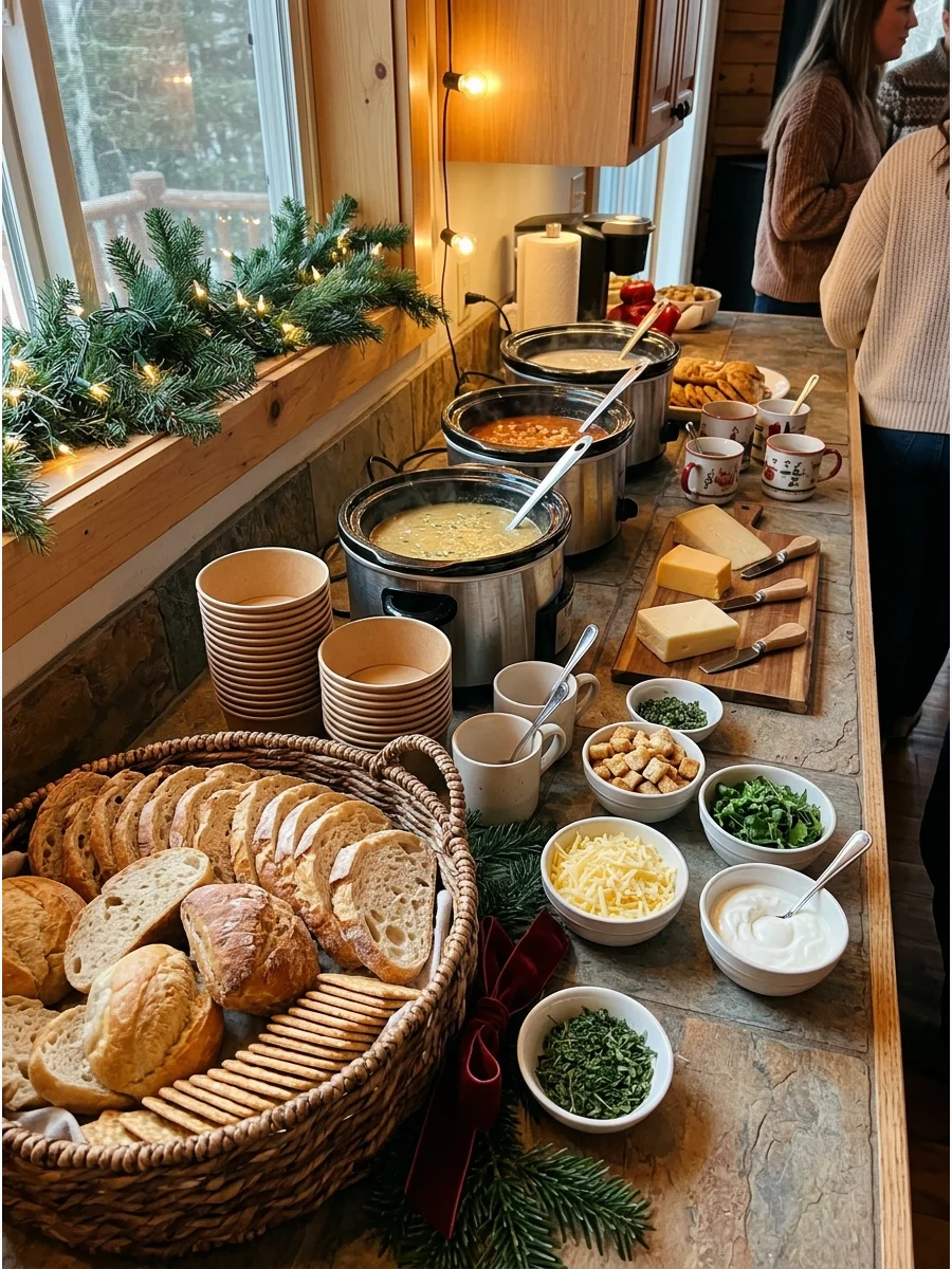 A soup and bread station with large pots and a basket of baguettes for a cozy party.