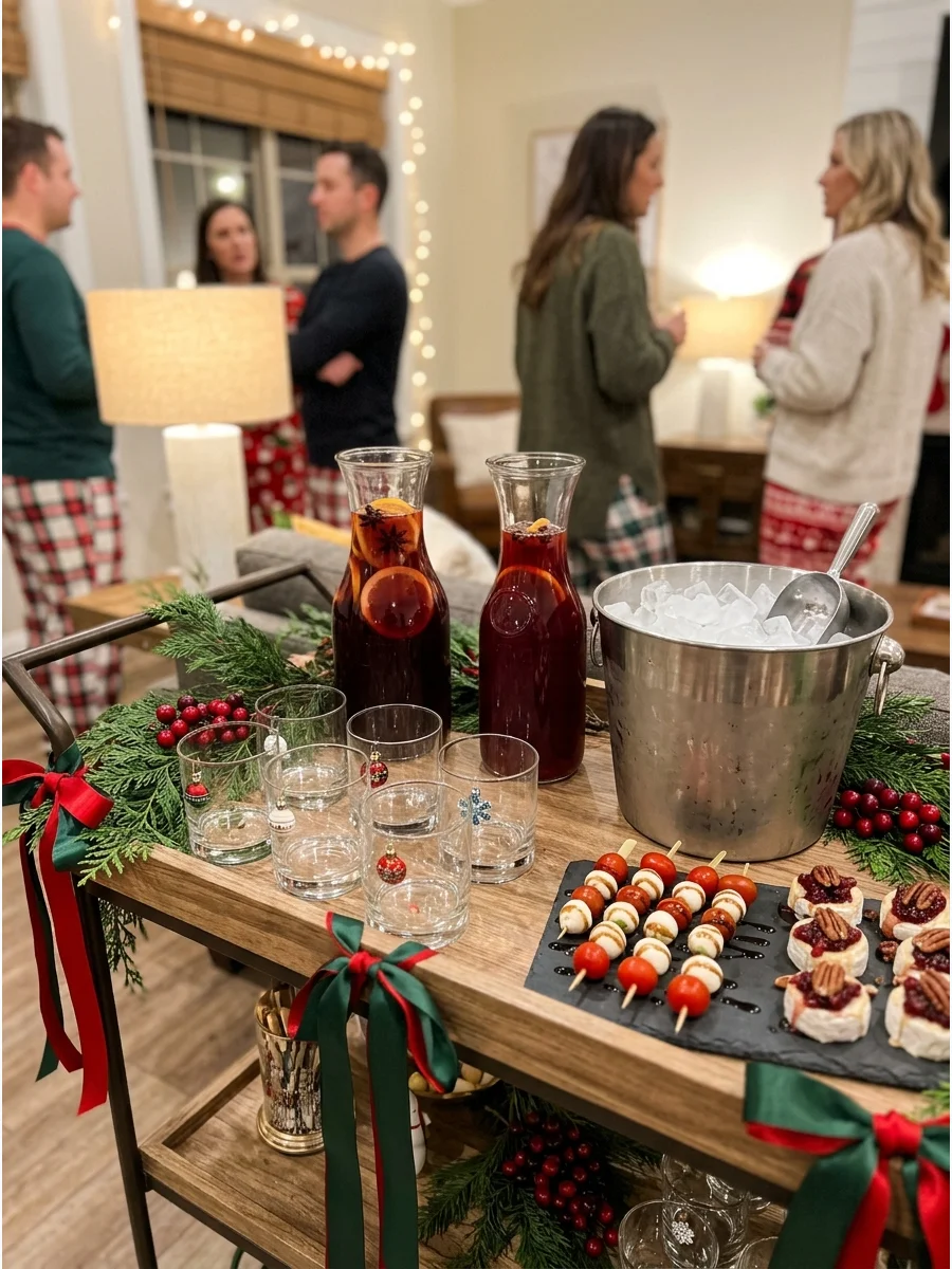 A festive bar cart with holiday cocktails and garnishes in a residential clubhouse.