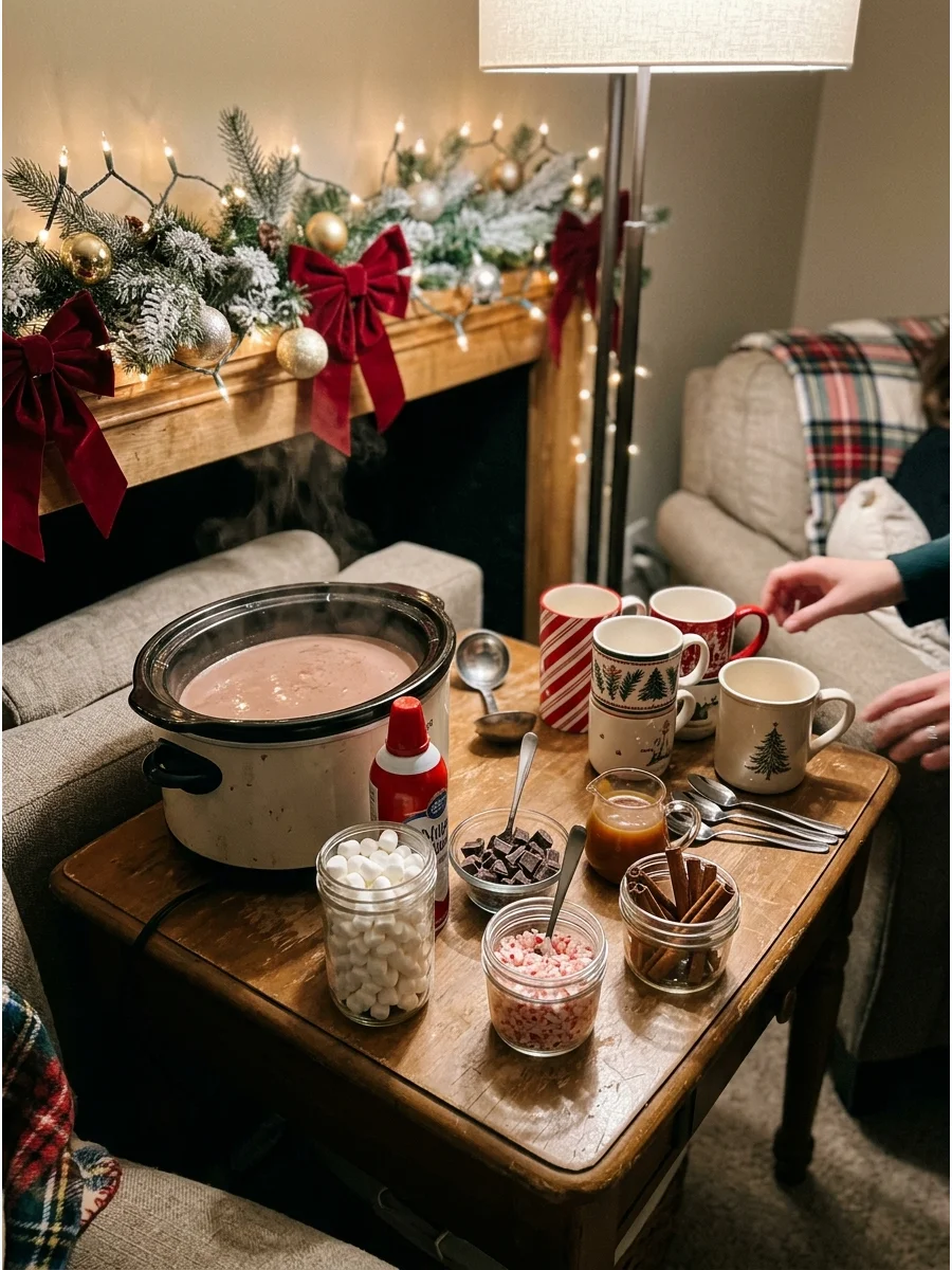 A hot cocoa bar with marshmallows and peppermint sticks.
