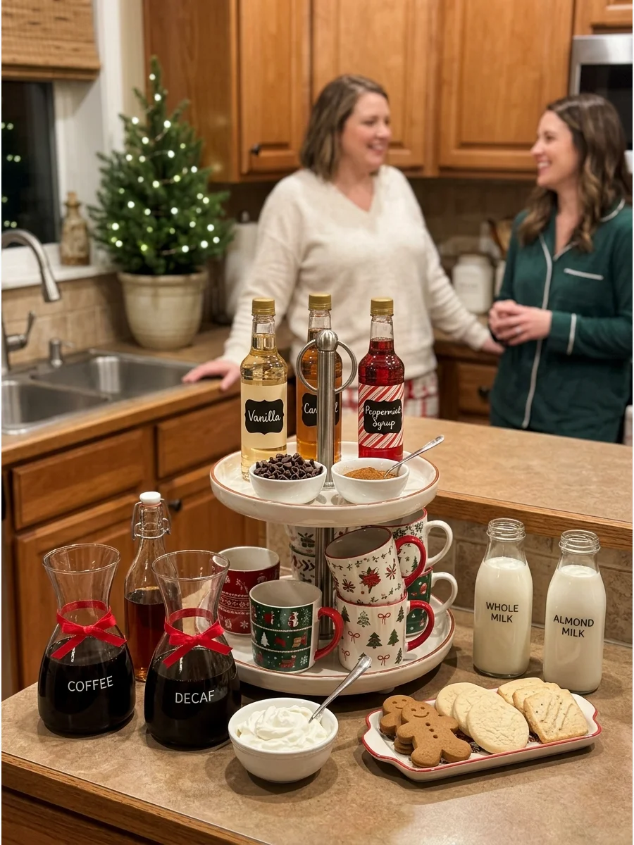 A coffee bar with syrups and festive mugs.