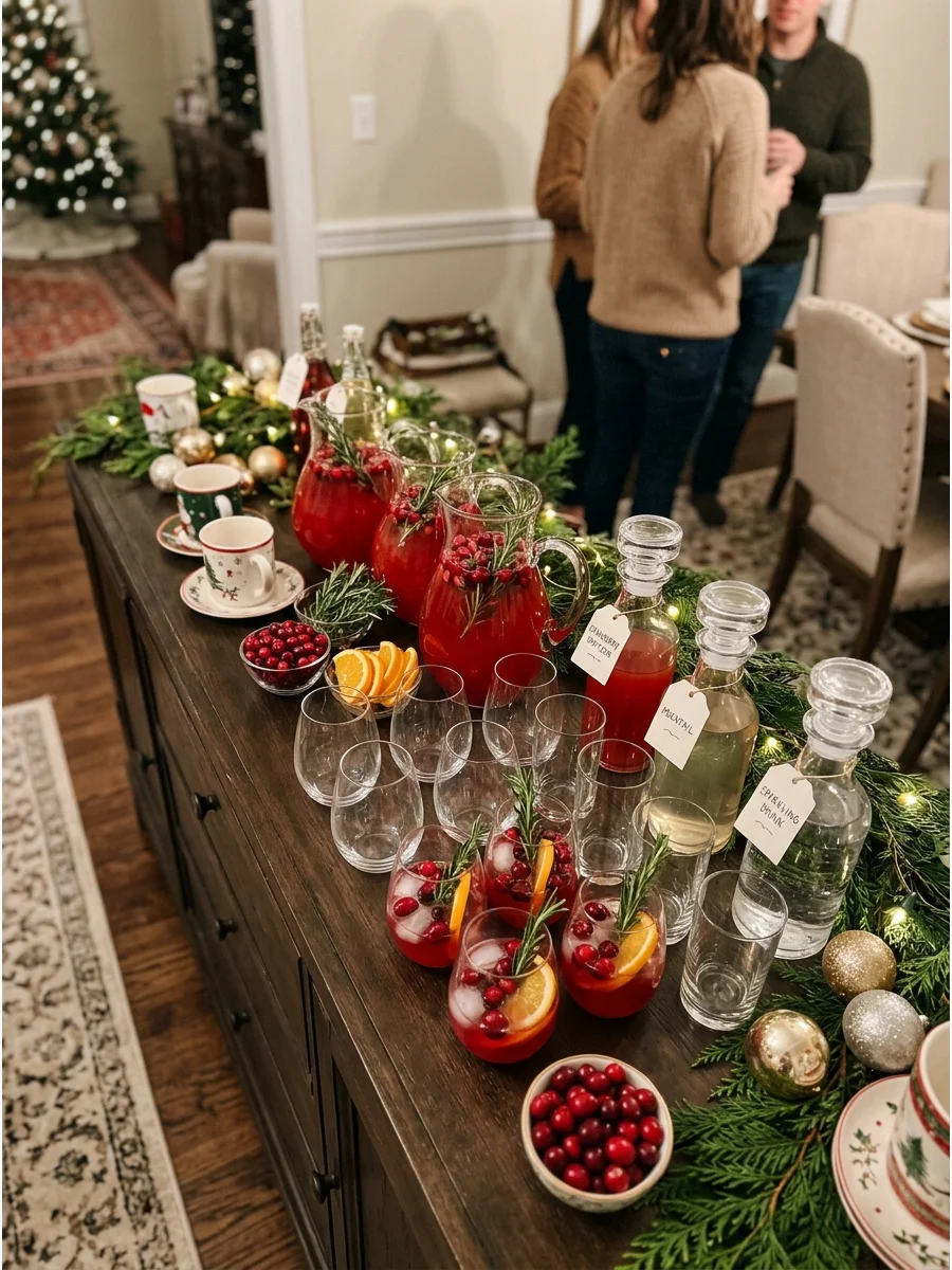 A cranberry drink station with red punch and rosemary.