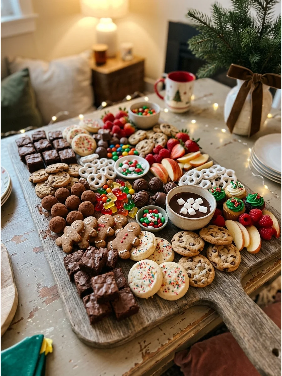 A dessert grazing board with cookies and brownies.