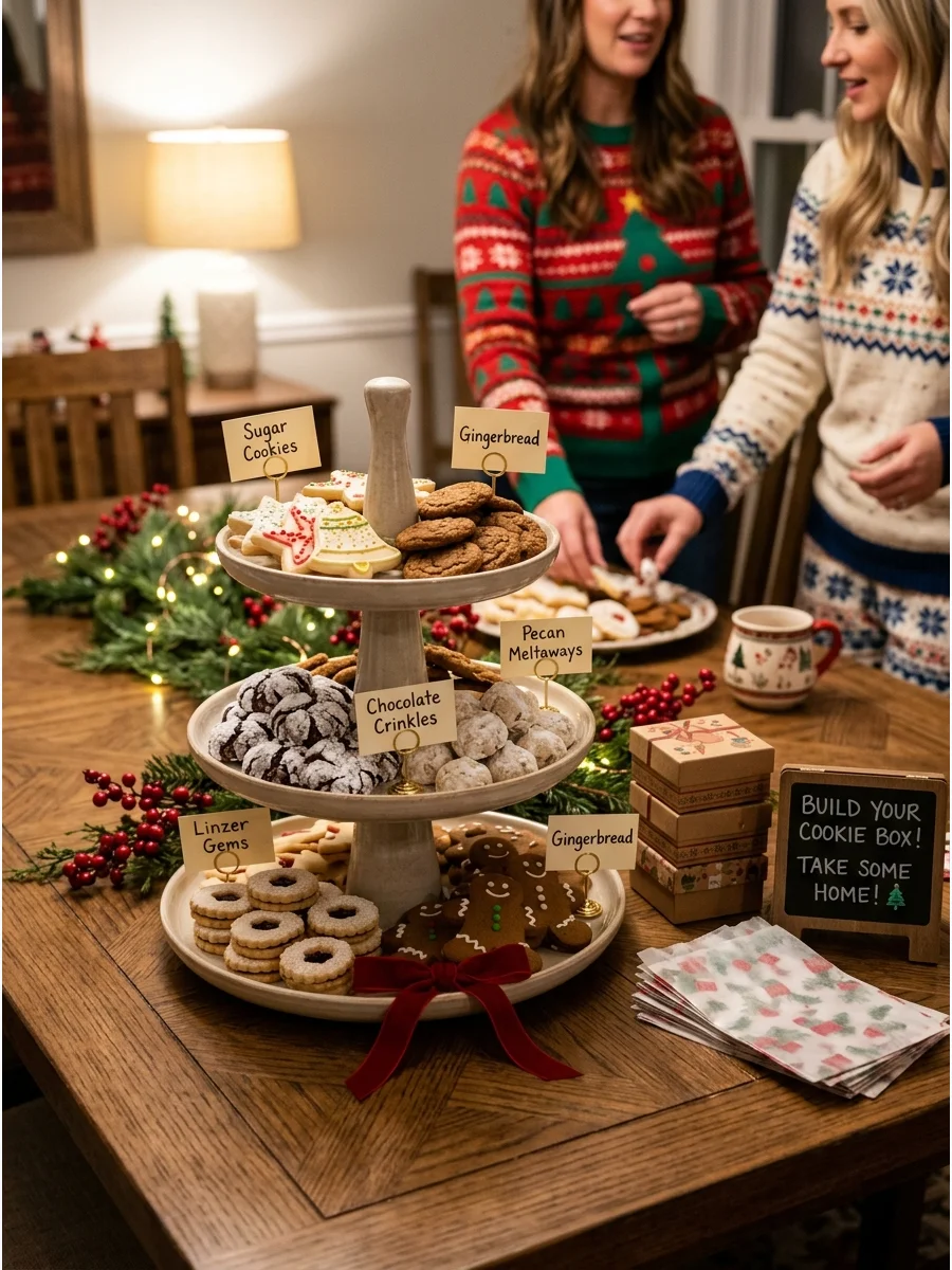 A cookie bar with tiered trays and take-home boxes.