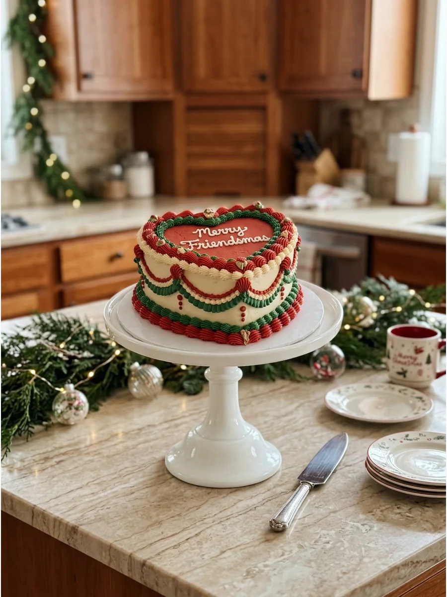 A heart-shaped Christmas cake with red piping.