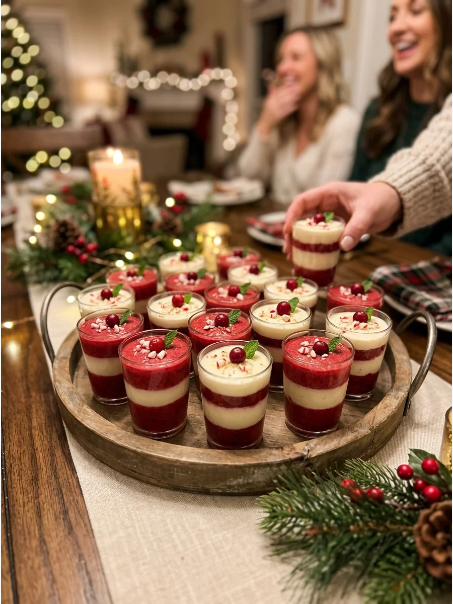 Mini dessert cups with red and white layers.