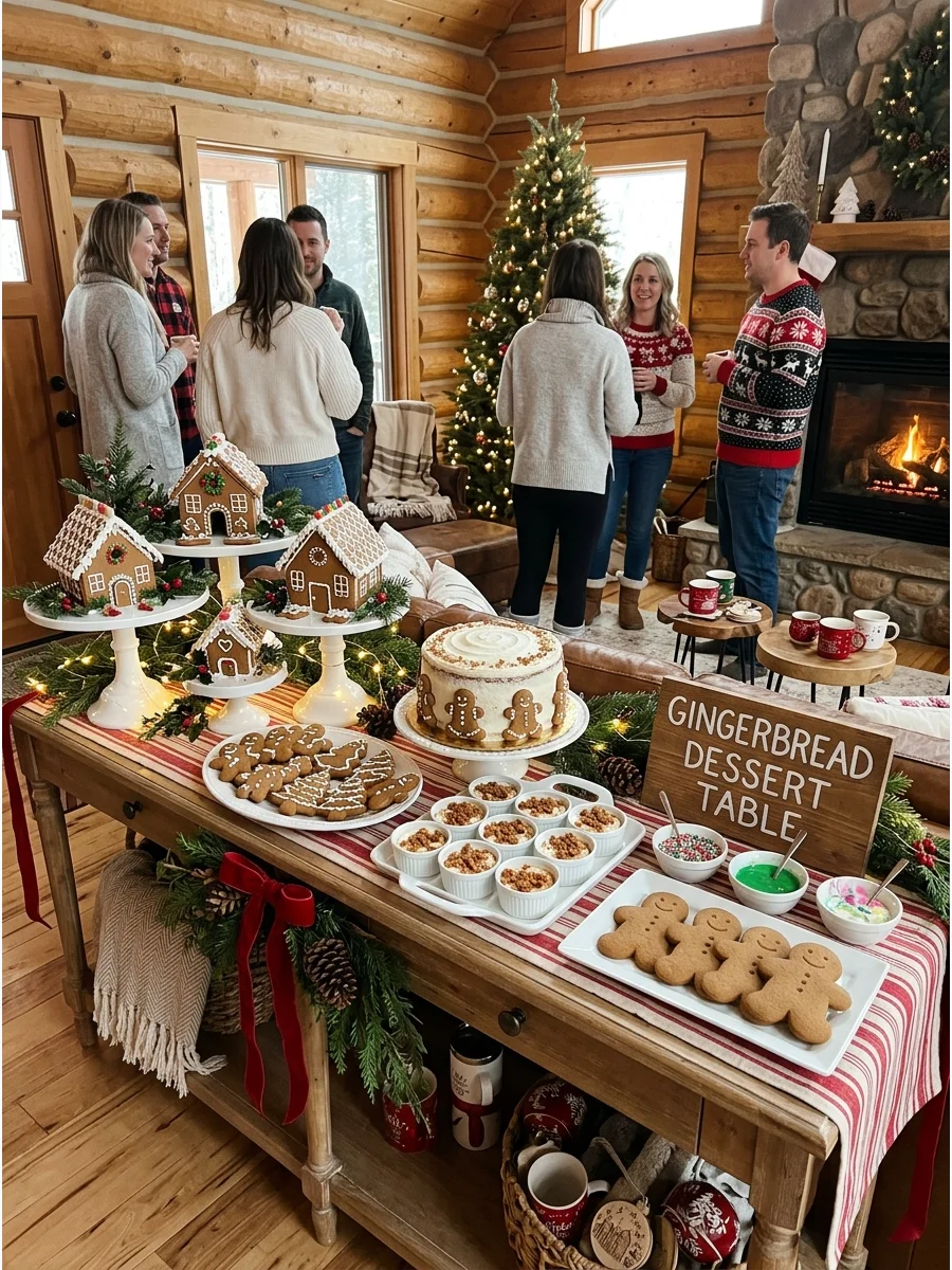 A gingerbread dessert table with mini houses.