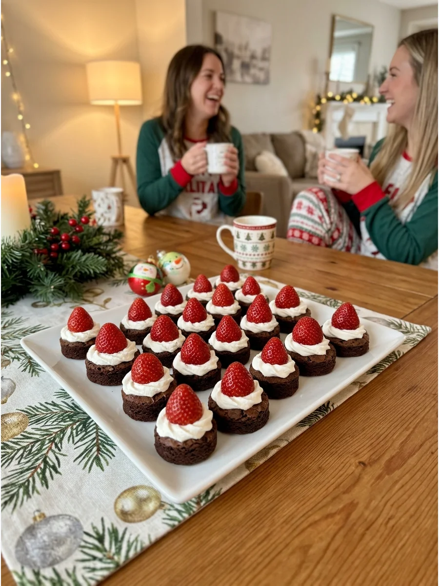 Brownie bites decorated to look like Santa hats.