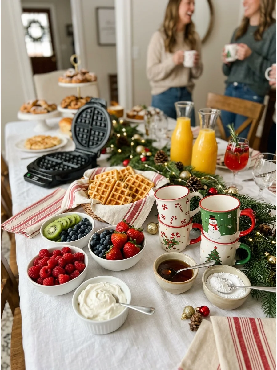 A bright Christmas brunch setup with a waffle bar and festive coffee station.