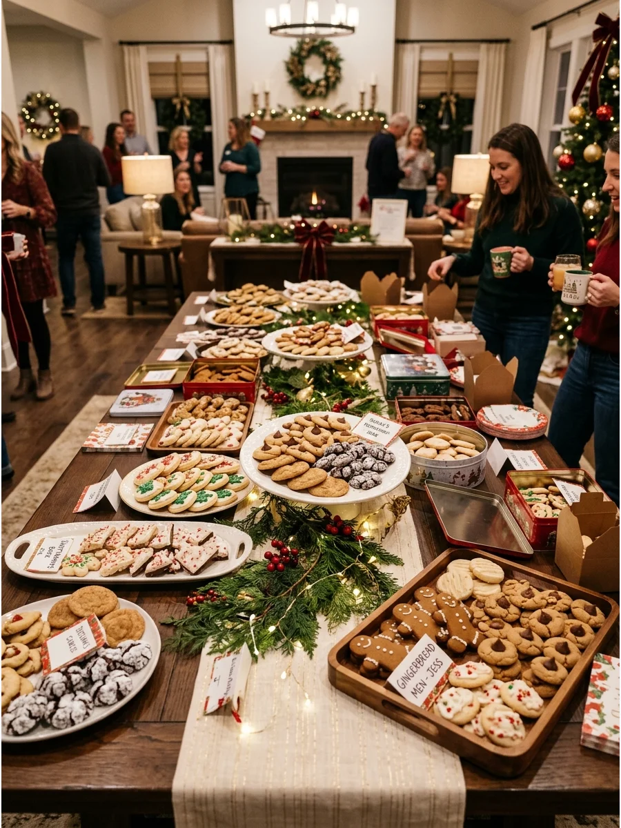 A cookie swap table with many trays of cookies.