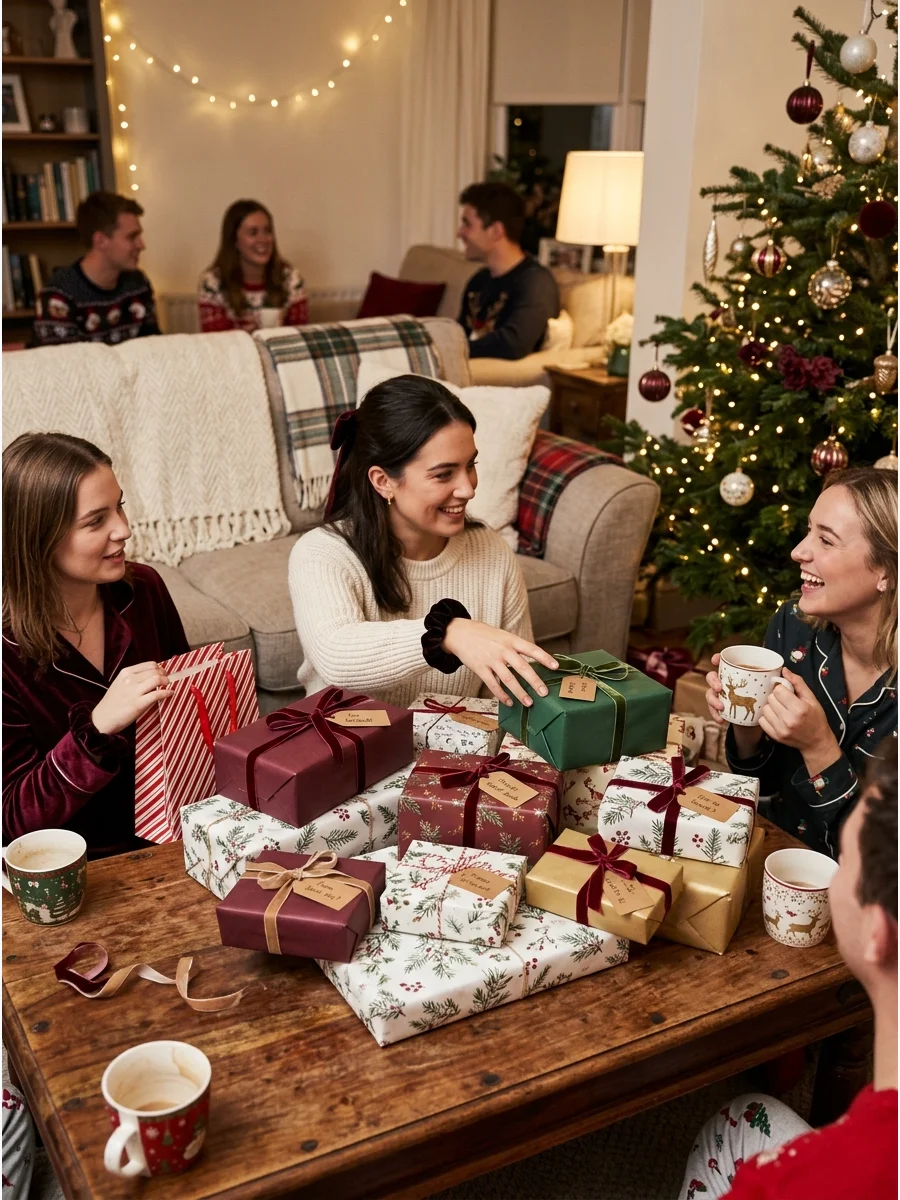 A variety of colorful wrapped holiday gifts piled on a dark wood coffee table.