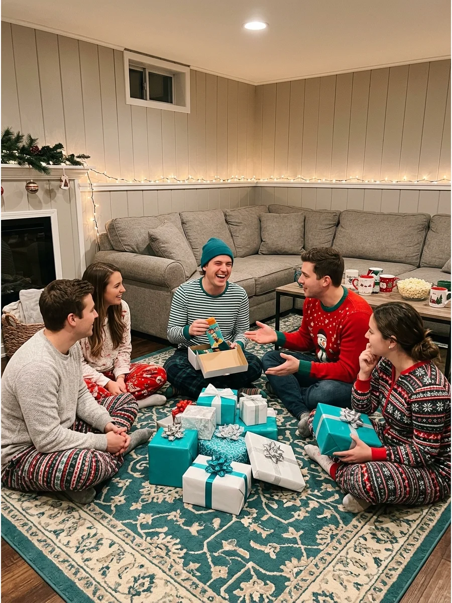 A group of friends sitting on a rug around a central pile of wrapped presents.