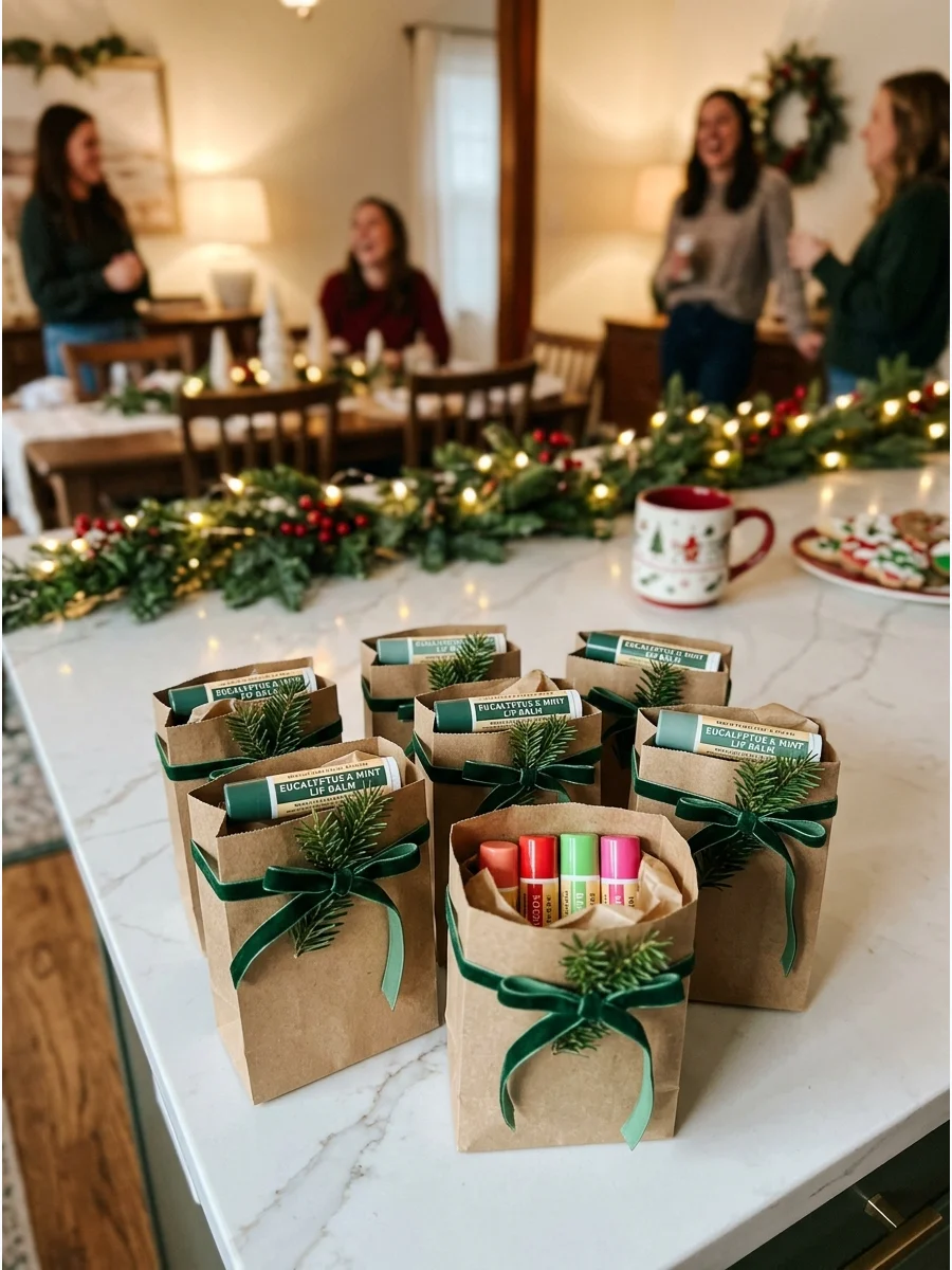 Rows of small gift bags containing beauty products lined up on a marble kitchen counter.