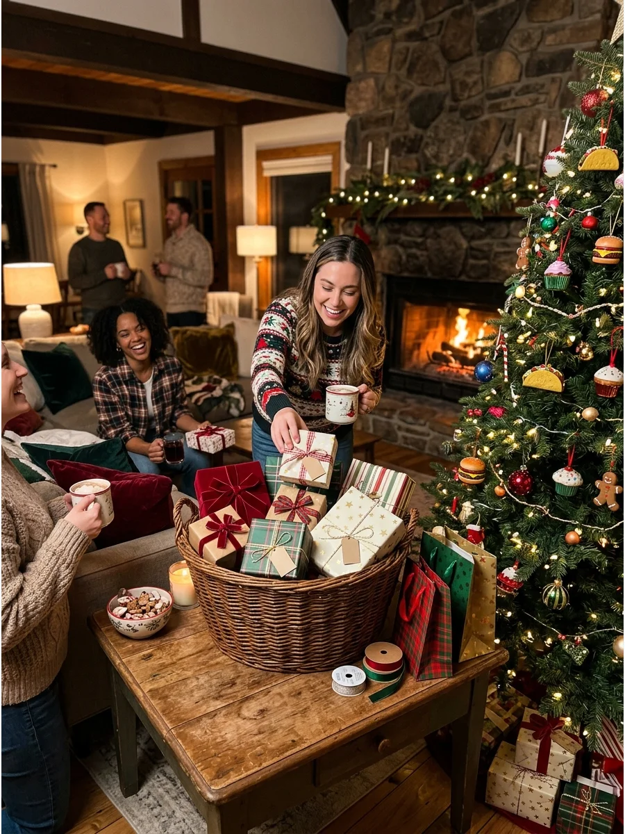 A woven basket filled with small wrapped boxes sitting on a rug near a lit Christmas tree.
