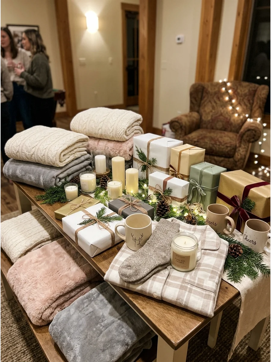 A display of soft blankets and scented candles arranged on a wooden table.