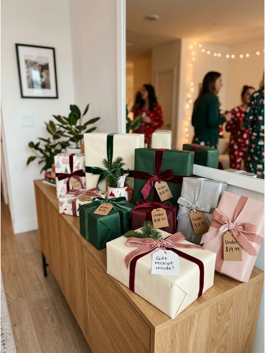 A row of neatly wrapped presents sitting on a sleek black console table.