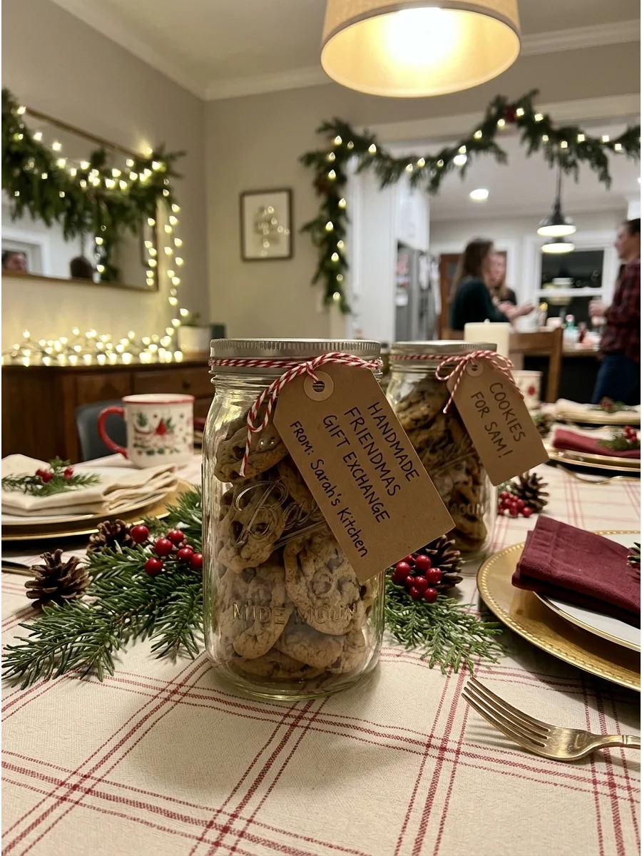Mason jars filled with cookies and labeled with twine and brown paper tags.