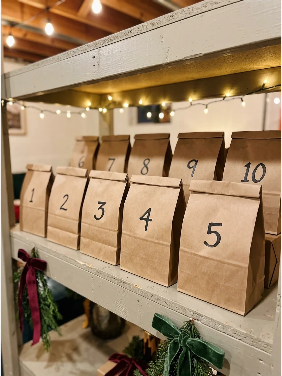 A line of simple brown paper bags labeled with large numbers on a wooden shelf.