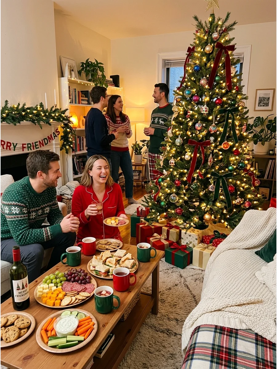 A casual holiday gathering with friends enjoying appetizers in a decorated living room.
