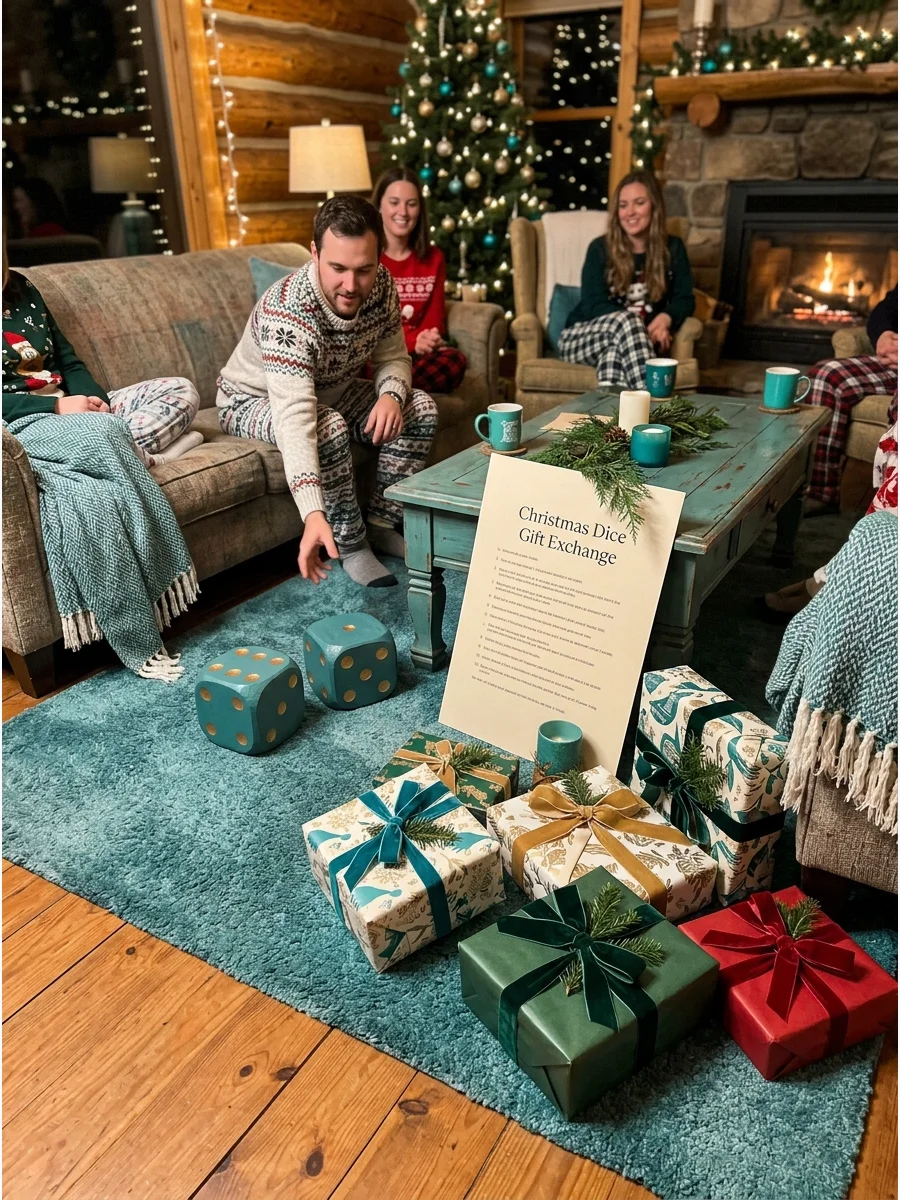 Oversized wooden dice resting on a rug next to a pile of holiday presents.