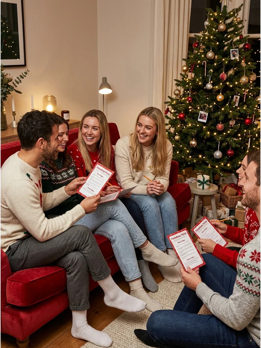 Friends playing Christmas trivia in a cozy living room.