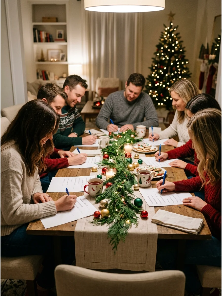 Friends writing on game sheets at a decorated dining table.