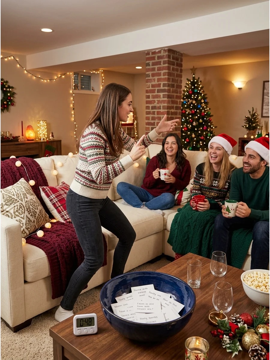 A person acting out charades in a basement lounge.