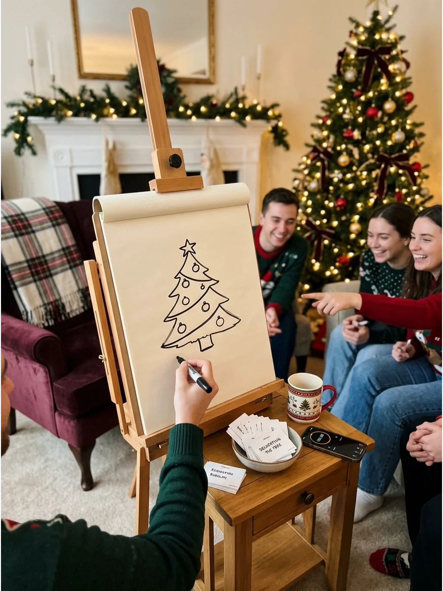 A drawing pad on an easel during a Christmas pictionary game.