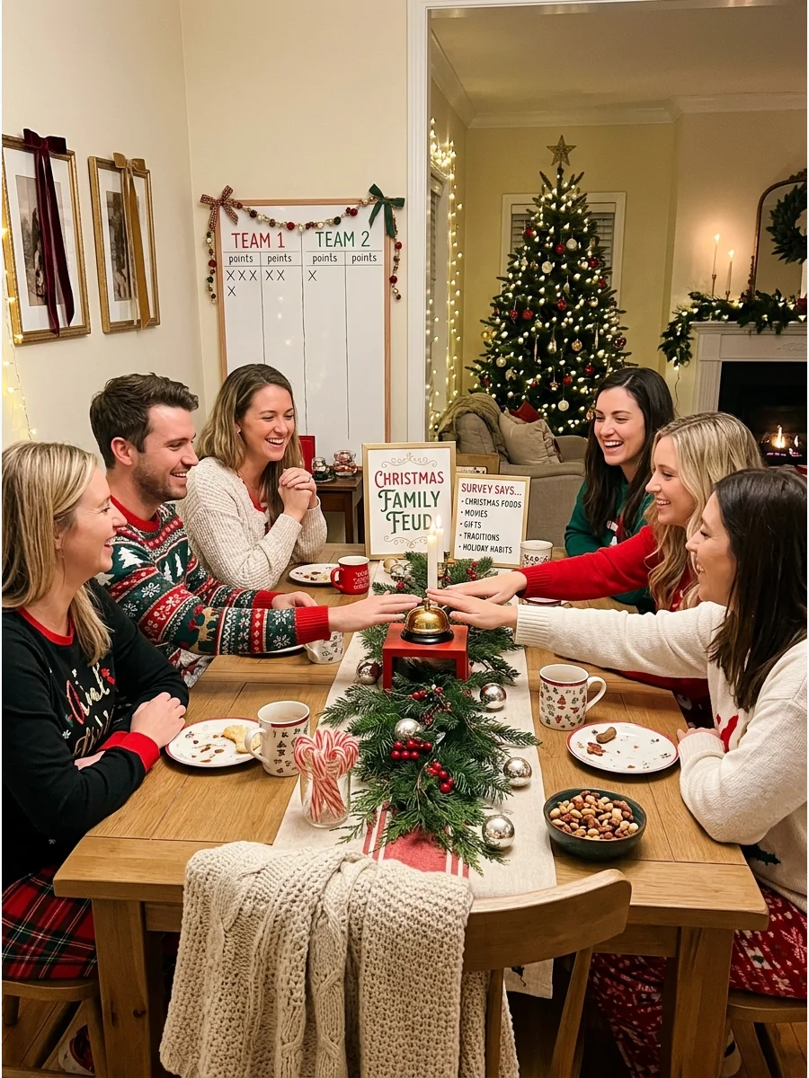 Friends competing in a family feud style game at a table.