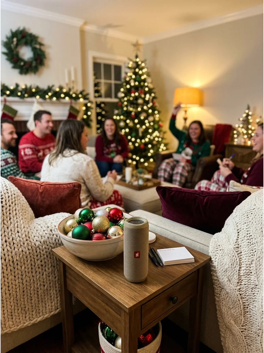 A speaker on a table during a Christmas music game.